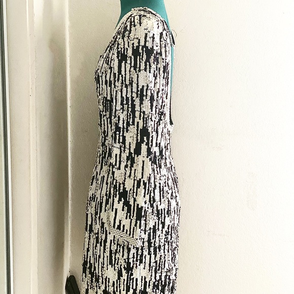 FRINGE NYE GEOMETRIC OLEG CASSINI BLACK TIE ART DECO PEARL DRESS SZ 8 - Picture 5 of 5